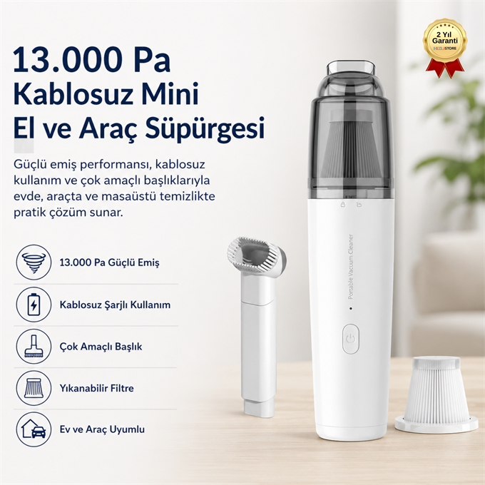 13.000 Pa Güçlü Emiş Kablosuz Şarjlı Taşınabilir Mini El ve Araç Süpürgesi