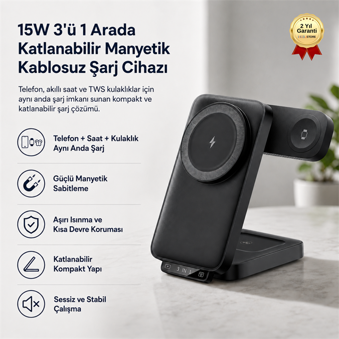 15W 3ü 1 Arada Katlanabilir Manyetik Kablosuz Şarj Cihazı Telefon Akıllı Saat ve TWS Kulaklık Şarj Standı