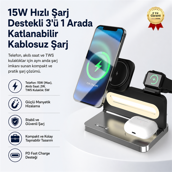 15W Hızlı Sarj Destekli 3ü 1 Arada Katlanabilir Manyetik Kablosuz Şarj Cihazı Telefon Akıllı Saat ve TWS Kulaklık Şarj Standı