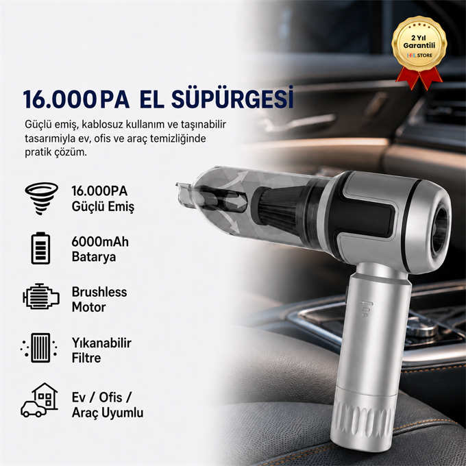 16.000PA Güçlendirilmiş Pil Portatif Fırçasız Motorlu Araç Süpürgesi Ev Ofis Uyumlu 6000mAh Bataryalı