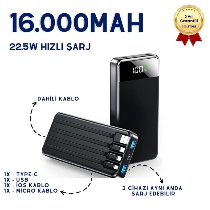 16.000mAh Dijital Göstergeli Dahili Çoklu Kablolu Taşınabilir 22.5W Hızlı Şarjlı Powerbank 6 Cihazı Aynı Anda Şarj Edebilir  Type-C Hızlı Şarj 