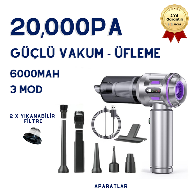 20,000PA Katlanabilir Ev Ofis Araba Süpürgesi 3 Modlu Çanta Hediyeli