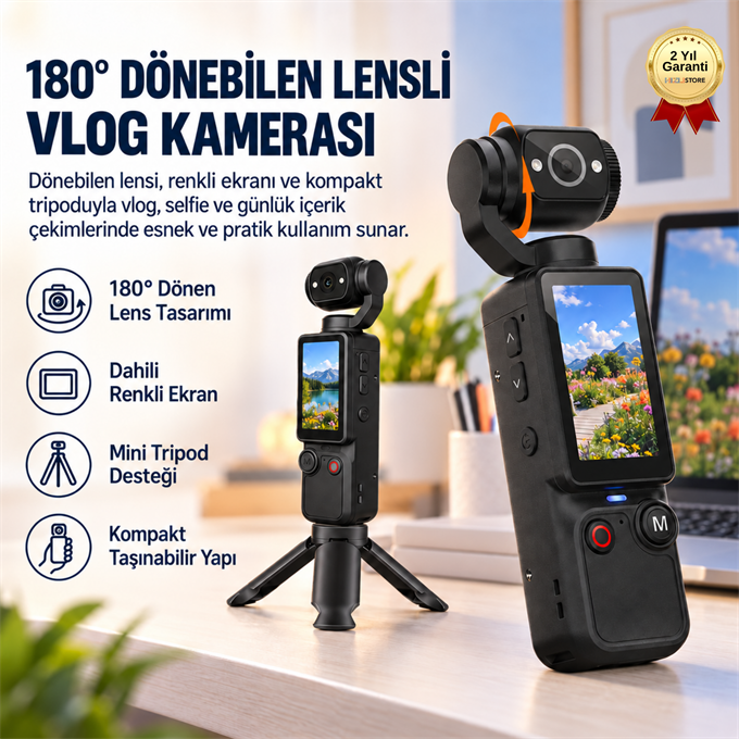180° Döner Lensli Ekranlı Vlog Kamerası Taşınabilir Mini Video Kayıt Cihazı