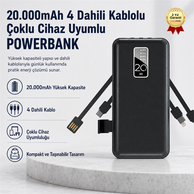 20.000mAh 4 Dahili Kablolu Powerbank Çoklu Cihaz Uyumlu Taşınabilir Sarj Cihazı