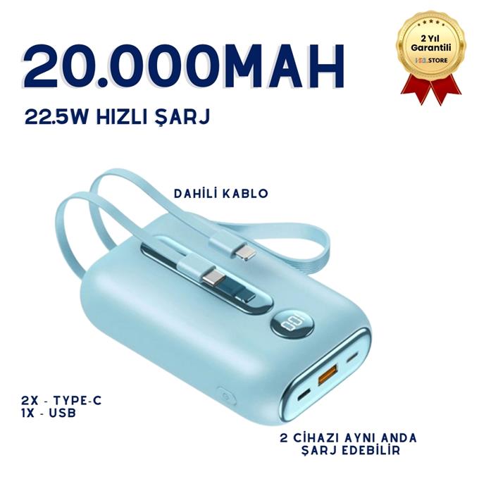 20.000mAh Dijital Göstergeli Dahili Çoklu Kablolu Taşınabilir 22.5W Hızlı Şarjlı Powerbank Hafif Mini Boyut Minimalist Tasarım Asma Aparatlı 