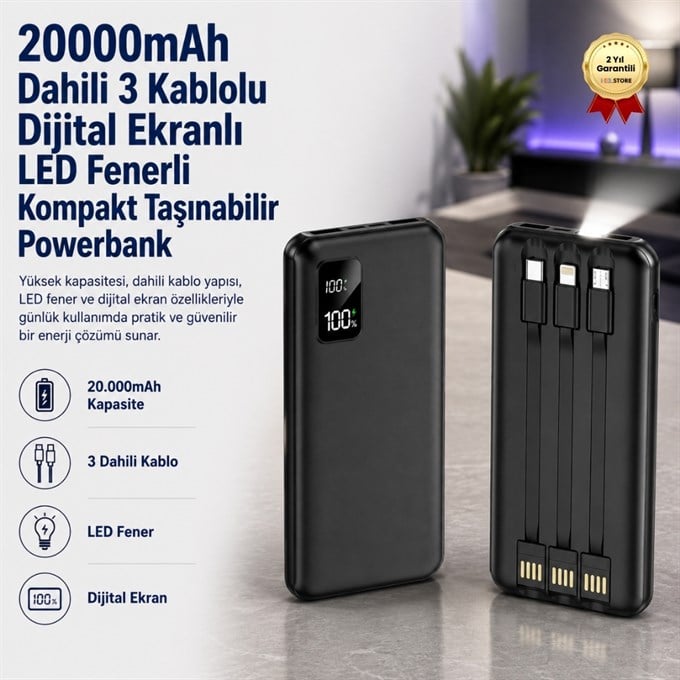 20000mAh Dahili 3 Kablolu Dijital Ekranlı LED Fenerli Kompakt Taşınabilir Powerbank Kamp Seyahat Şarj Cihazı