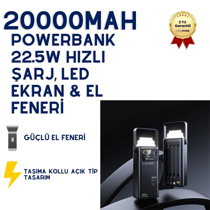 20000Mah Powerbank 22.5W Hızlı Sarj Led Ekran El Feneri
