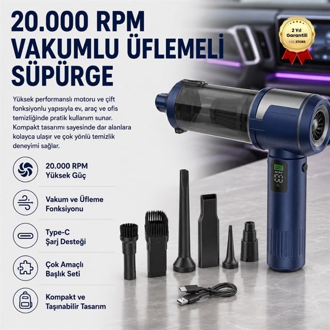 20000RPM Kablosuz Hava Üfleme ve Çekme Süpürgesi Type-C Şarjlı Ev Araba Ofis Temizlik Cihazı