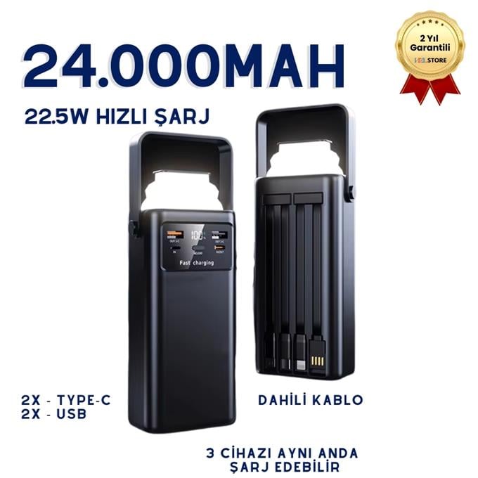 24.000mAh Dijital Göstergeli Taşınabilir Kulplu 22.5W Hızlı Şarjlı Dahili Kablolu LED Fenerli Powerbank Type-C, Lightning, USB Hafif Askı Aparatlı Kamp Uyumlu Dayanıklı