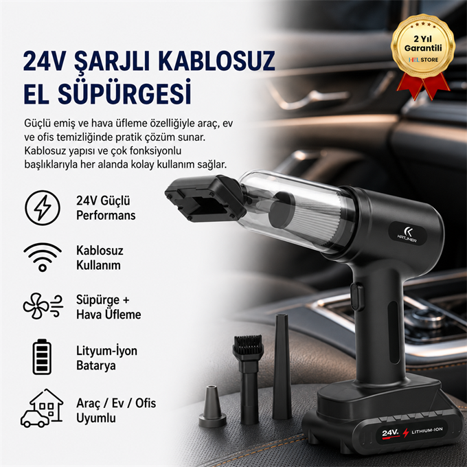 24V Şarjlı Kablosuz El Süpürgesi ve Hava Üfleme Cihazı ,Çok Fonksiyonlu Başlıklı Güçlü Araç Temizleyici