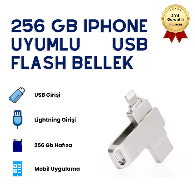 256GB iPhone Uyumlu USB Flash Bellek Çift Girişli Lightning OTG Destekli Taşınabilir Depolama