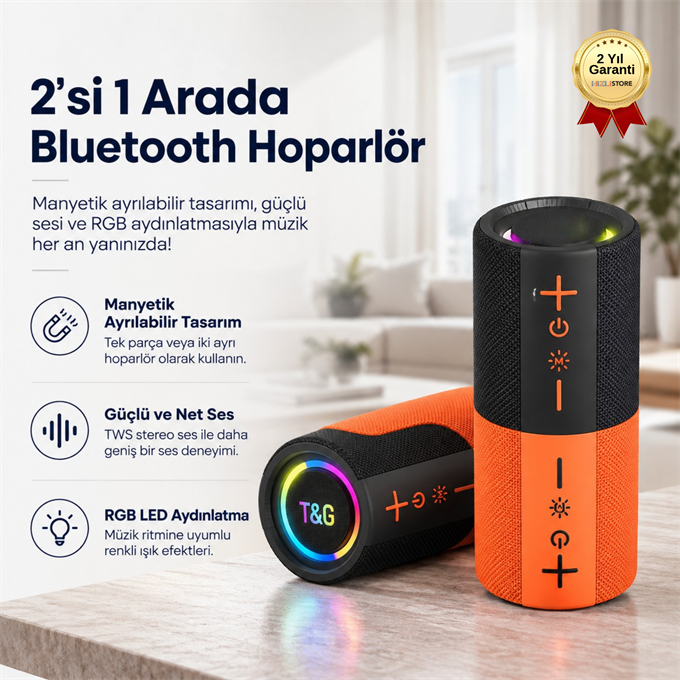 2si 1 Arada Manyetik Ayrılabilir Bluetooth Hoparlör – RGB Işıklı, TWS Stereo Ses Sistemli Taşınabilir Kablosuz Speaker