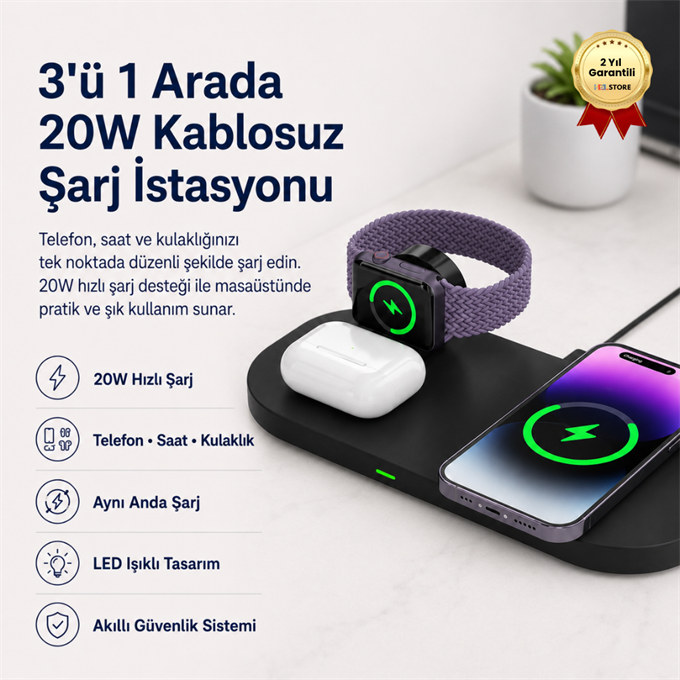 3-1 Arada 20W Hızlı Şarj Kablosuz Wireless LED Işıklı Iphone Apple Watch Airpods Şarj Stand Şarj Aleti 