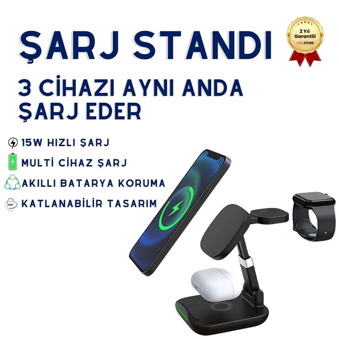 3-in-1 15W Kablosuz Şarj İstasyonu – Telefon, Kulaklık ve Akıllı Saat için Hızlı Wireless Charging Stand