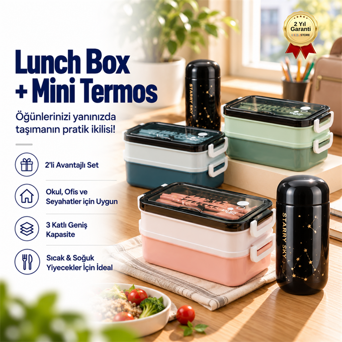 3 Katlı Lunch Box 200 ml Mini Termos Seti – Isı Yalıtımlı Yemek Kabı ve Paslanmaz Çelik Termos  