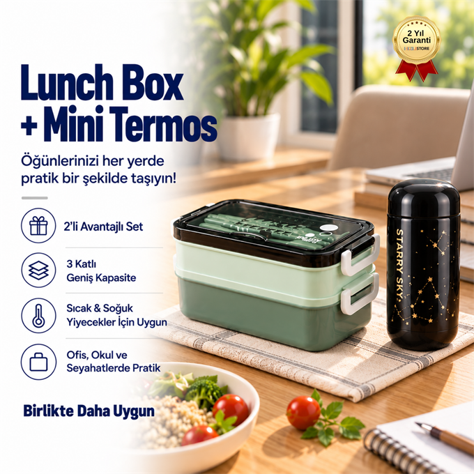 3 Katlı Lunch Box 200 ml Mini Termos Seti – Isı Yalıtımlı Yemek Kabı ve Paslanmaz Çelik Termos 