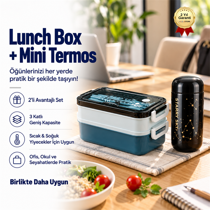 3 Katlı Lunch Box 200 ml Mini Termos Seti – Isı Yalıtımlı Yemek Kabı ve Paslanmaz Çelik Termos 