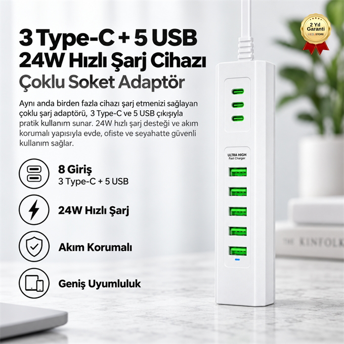 3 Type-C + 5 USB Girişli 24W Hızlı Şarj Cihazı Çoklu Soket Akım Korumalı Adaptör