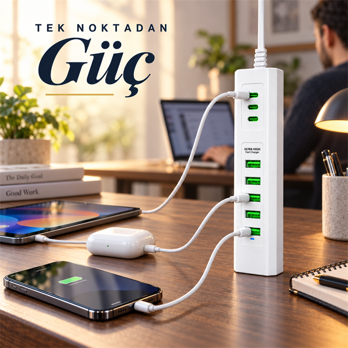 3 Type-C + 5 USB Girişli 24W Hızlı Şarj Cihazı Çoklu Soket Akım Korumalı Adaptör