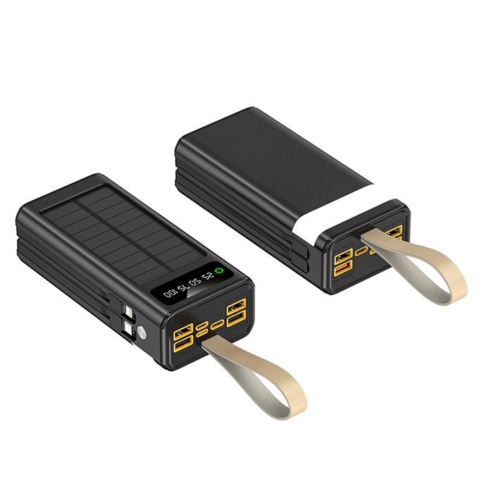 Solar 30.000mAh Powerbank Dijital Göstergeli, 4 USB Çıkışlı, Dahili Type-C ve Lightning Kablolu Powerbank