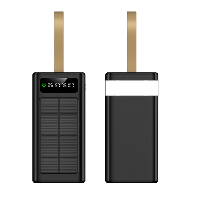 Solar 30.000mAh Powerbank Dijital Göstergeli, 4 USB Çıkışlı, Dahili Type-C ve Lightning Kablolu Powerbank