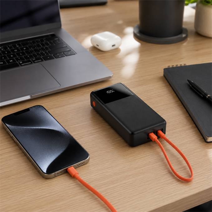 30.000mAh Dahili USB-C + Lightning Kablolu Powerbank  LCD Göstergeli Taşınabilir Hızlı Şarj Cihazı