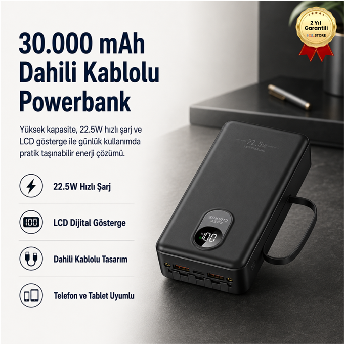 30.000mAH  22.5W 3A Hızlı Şarjlı Dahili Kablolu LCD Göstergeli Hızlı PowerBank