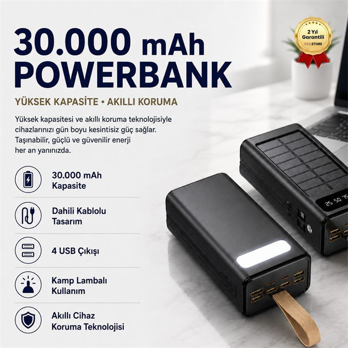 30,000 mAh Dijital Ekranlı Hızlı Şarj Dahili Kablolu Taşınabilir Powerbank 