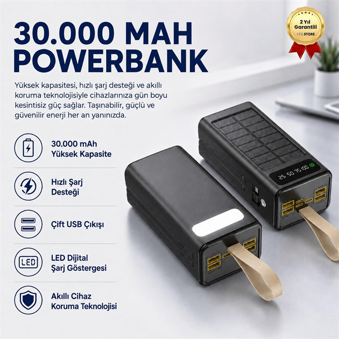 30,000 mAh Ultra Güçlü Taşınabilir Powerbank Hızlı Şarj Dahili Kablolu LED Gösterge Akıllı Cihaz Koruma