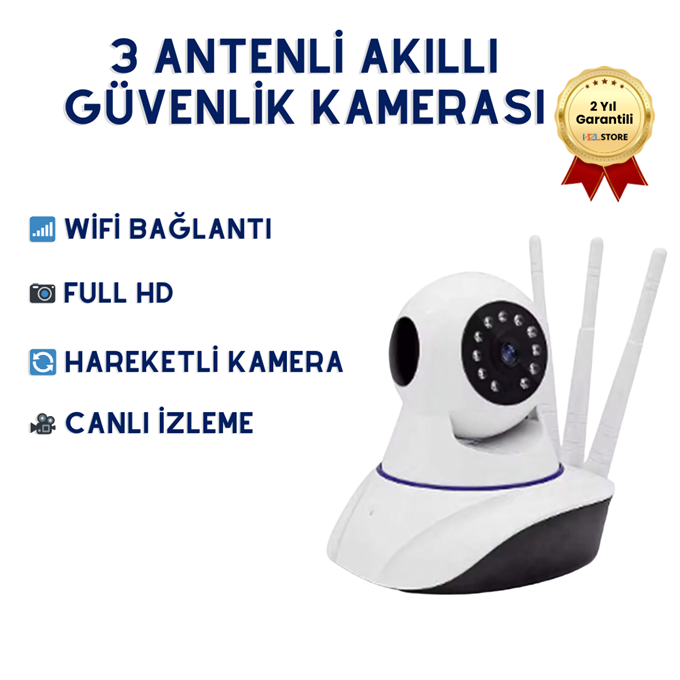 360 Derece Wifi IP Güvenlik Kamera 3 Antenli Gece Görüşlü Sensörlü Harekete Duyarlı Sesli Uygulamalı Kamera