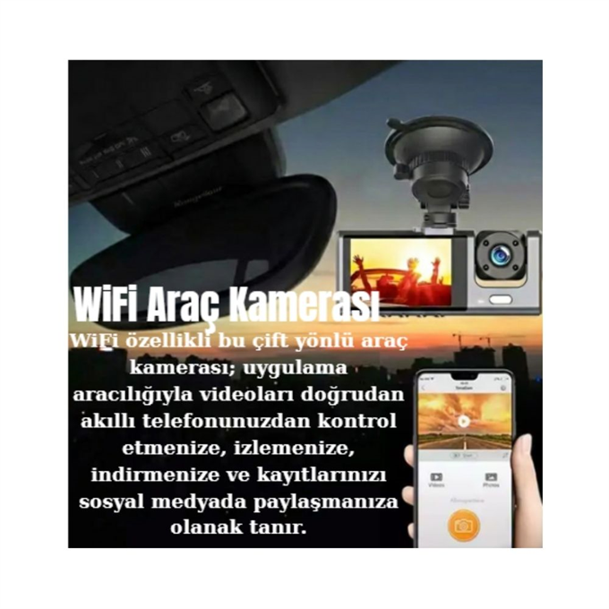 4 İnç Ekran Çift Lensli Araç İçi Kamera - 170° Geniş Açı Full HD Ön ve Arka Kayıt Park Monitörü