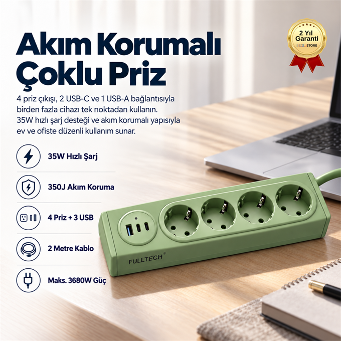 4 Prizli 35W Hızlı Şarjlı Akım Korumalı Çoklu Priz | 2 USB-C, 1 USB-A