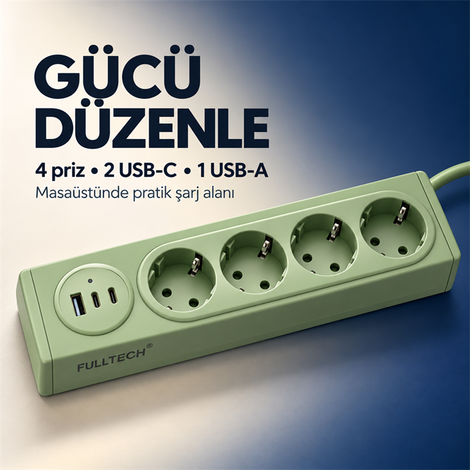 4 Prizli 35W Hızlı Şarjlı Akım Korumalı Çoklu Priz | 2 USB-C, 1 USB-A