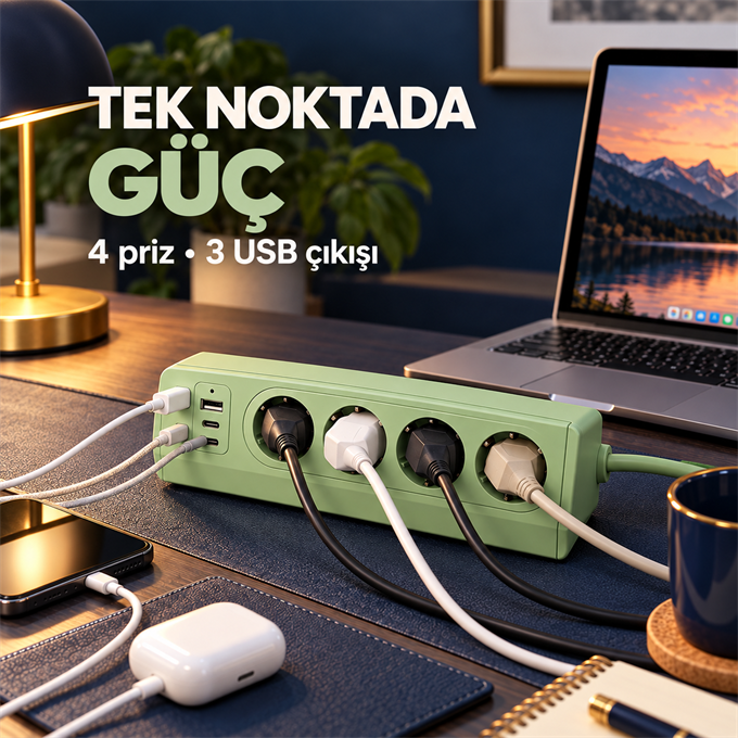 4 Prizli 35W Hızlı Şarjlı Akım Korumalı Çoklu Priz | 2 USB-C, 1 USB-A