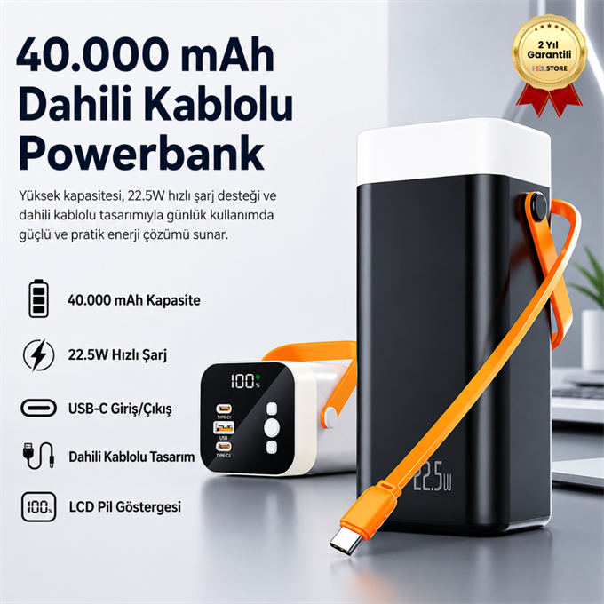 40.000mAh Dahili Kablolu Powerbank 22.5W Hızlı Şarj, USB-C Giriş/Çıkışlı LCD Göstergeli Taşınabilir Şarj Cihazı