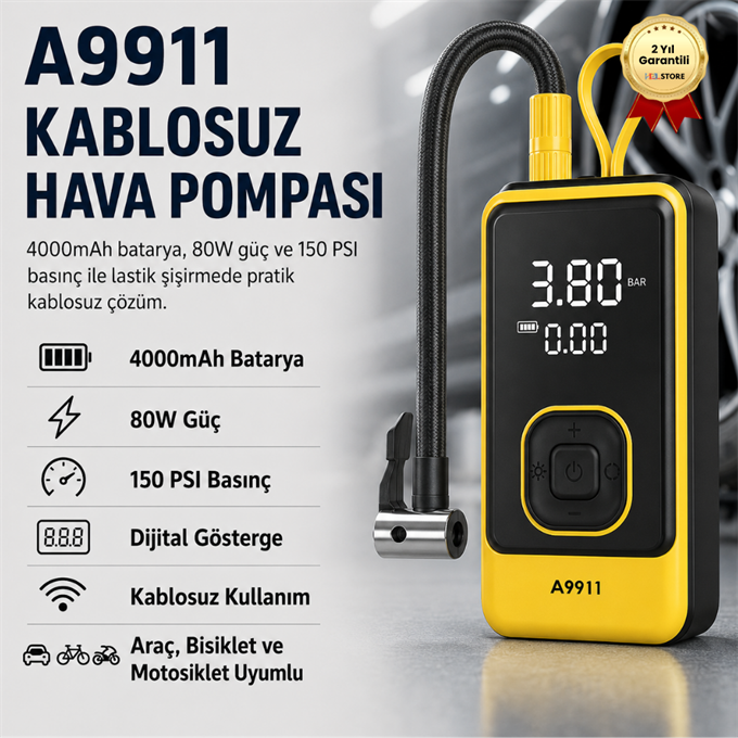 4000mAh Kablosuz Dijital Göstergeli Taşınabilir Araç Lastik Şişirme Kompresörü Hava Pompası
