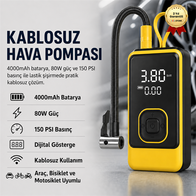 4000mAh Kablosuz Dijital Göstergeli Taşınabilir Araç Lastik Şişirme Kompresörü Hava Pompası