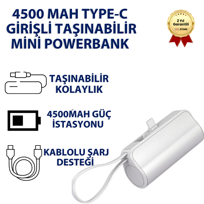 4500 mAh Mini Powerbank Type-C Girişli Taşınabilir Hızlı Şarj Taşınabilir Şarj Cihazı