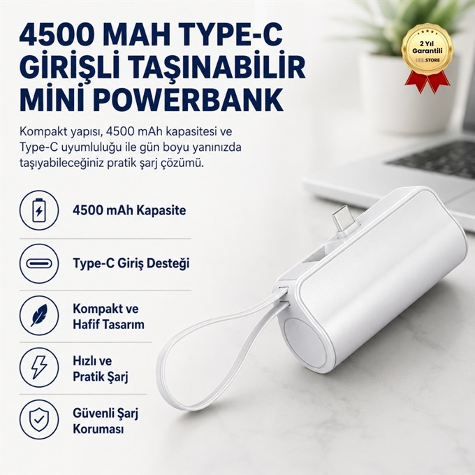4500 mAh Mini Powerbank Type-C Girişli Taşınabilir Hızlı Şarj Taşınabilir Şarj Cihazı