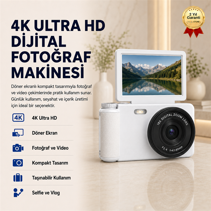 4K Ultra HD Dijital Fotoğraf Makinesi Döner Ekranlı Kompakt Kamera