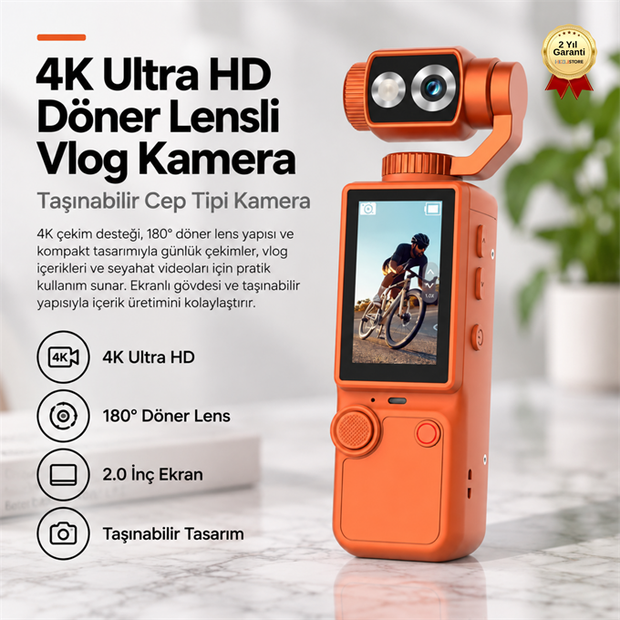 4K Ultra HD Döner Lensli Cep Kamerası 2.0 İnç Ekranlı Taşınabilir Vlog Kamera