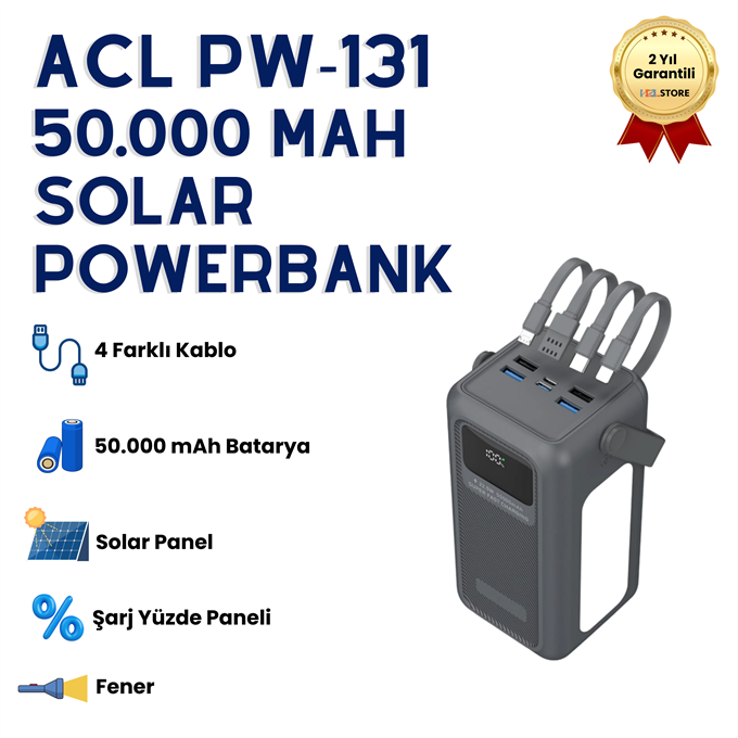 50.000mAh Dijital Göstergeli Çoklu Kablolu Taşınabilir 22.5W Hızlı Şarjlı 3 Mod Fenerli Powerbank Kamp Uyumlu Dayanıklı 5 Cihazı Aynı Anda Şarj Edebilir