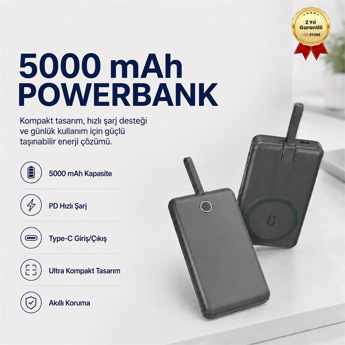 5,000 mAh Powerbank Taşınabilir Hızlı Şarj, Type-C Uyumlu Kompak Güçlü Performans Hafif