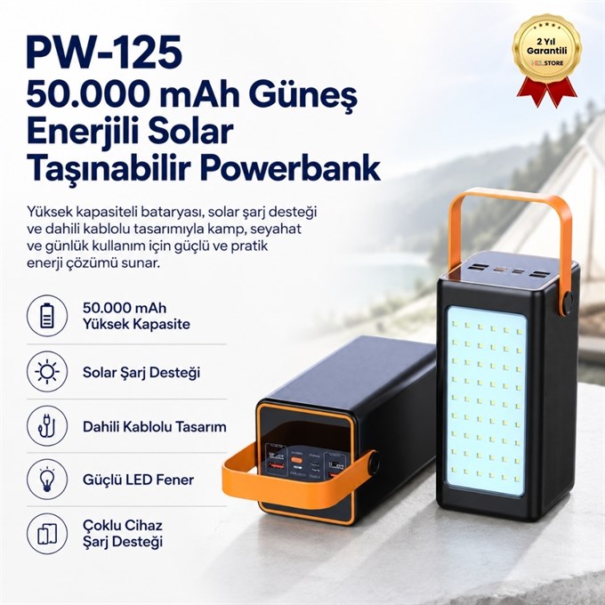 50000 mAh Solar Powerbank Güneş Enerjili Dahili Kablolu LED Fenerli Taşınabilir Şarj Cihazı 