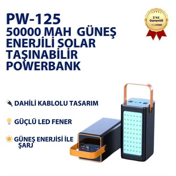 50000 mAh Solar Powerbank Güneş Enerjili Dahili Kablolu LED Fenerli Taşınabilir Şarj Cihazı 