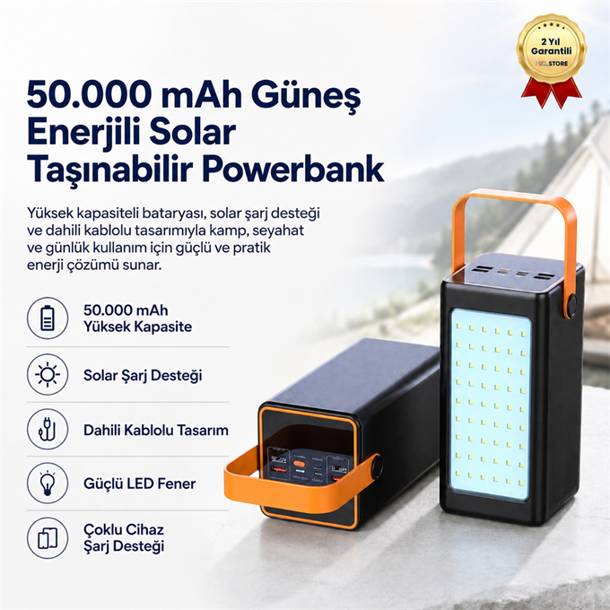 50000 mAh Solar Powerbank Güneş Enerjili Dahili Kablolu LED Fenerli Taşınabilir Şarj Cihazı