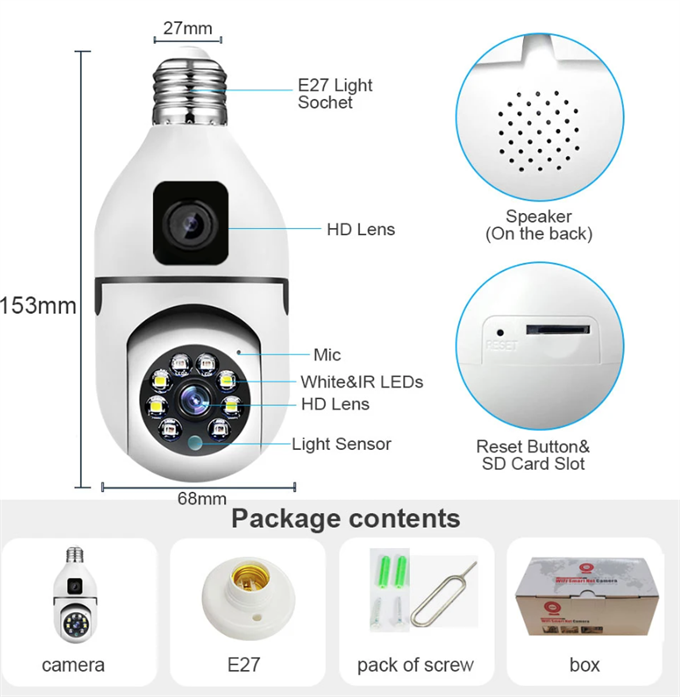 Smart Çift Lensli IP Ampul Kamera Hareketli Gece Görüşlü Ses Kayıtlı Wi-Fi Güvenlik Kamerası 4MP 360 Derece Full HD Duy Girişli