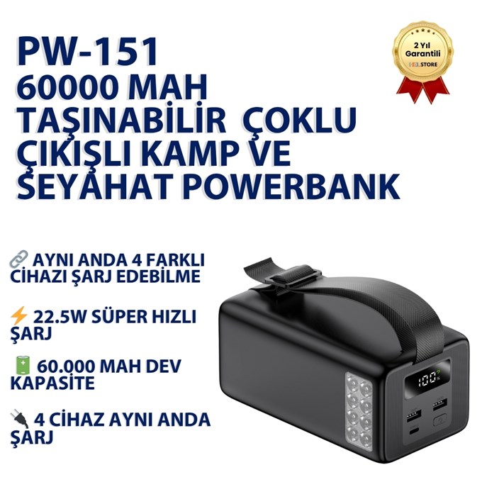 60000 mAh Taşınabilir Şarj Cihazı 22.5W Hızlı Şarj Çoklu Çıkışlı Kamp ve Seyahat Powerbank 