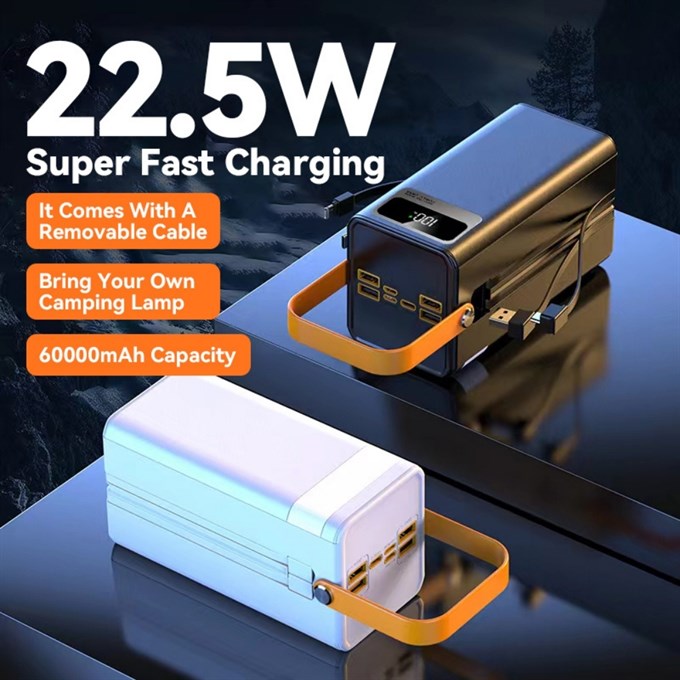 60000mAh Entegre 4 Kablolu Powerbank Dijital Ekranlı LED Fenerli Hızlı Şarj Taşınabilir Şarj Cihazı