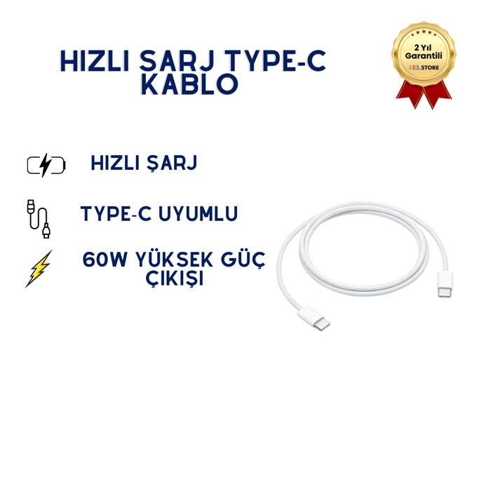 60W Hızlı Şarj Destekli 1 Metre Type-C Type-C Kablo